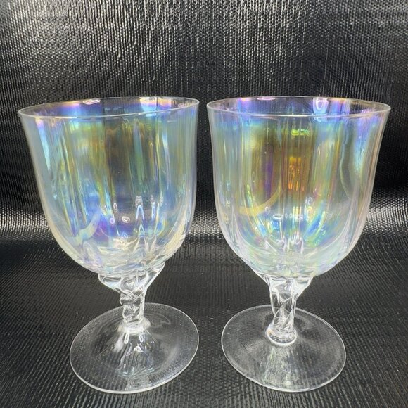 Vintage Iridescent Glass Footed Glasses Cups Drinking Goblets Twisted Stem Set 2 - Picture 1 of 11